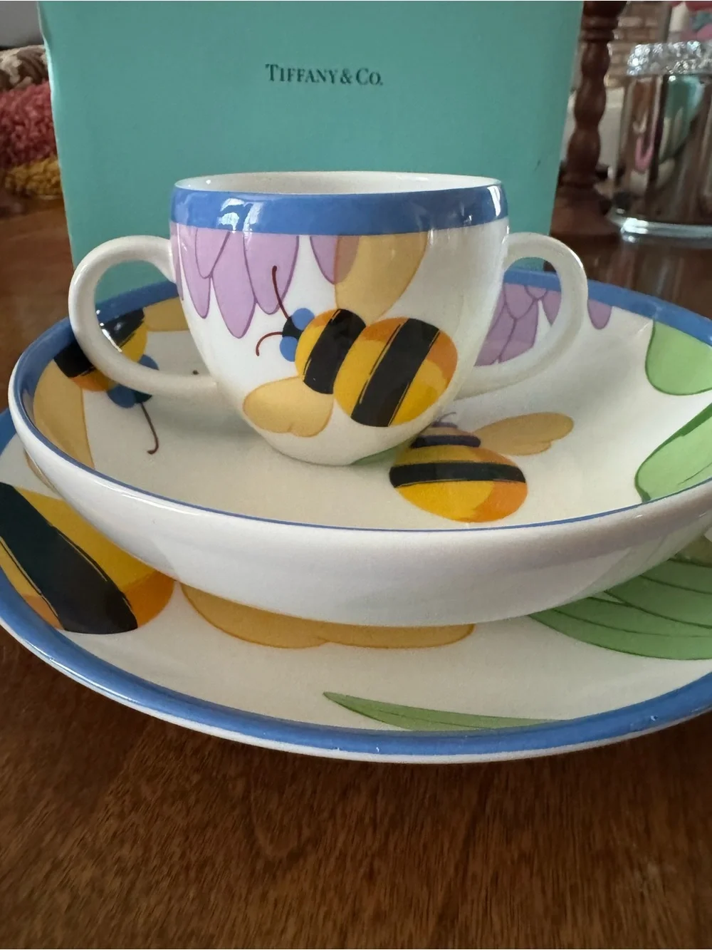 Tiffany & Co. Blue-Trim Bee and Floral Ceramic Tea Cup, Bowl & Plate Set